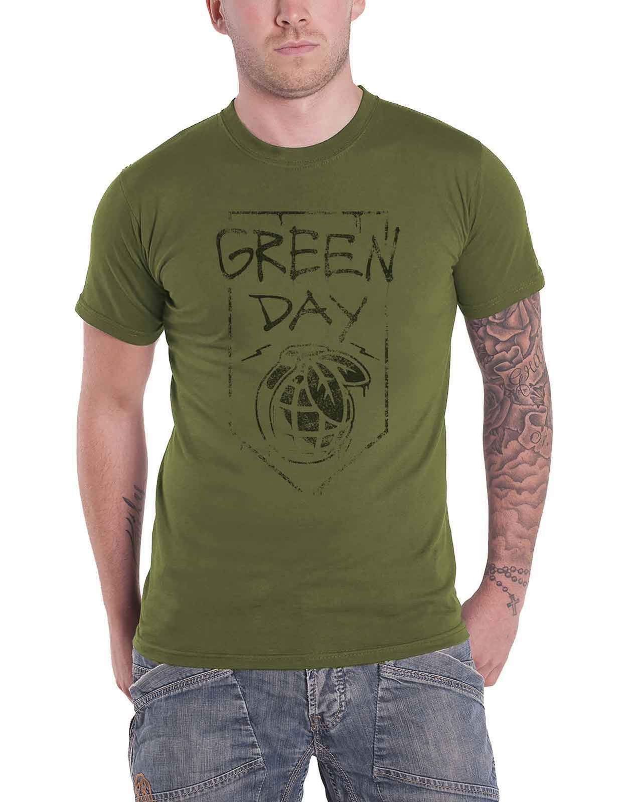 Green Day Official Band Logo Grenade Graphic Organic Cotton Military Green Mens T-Shirt