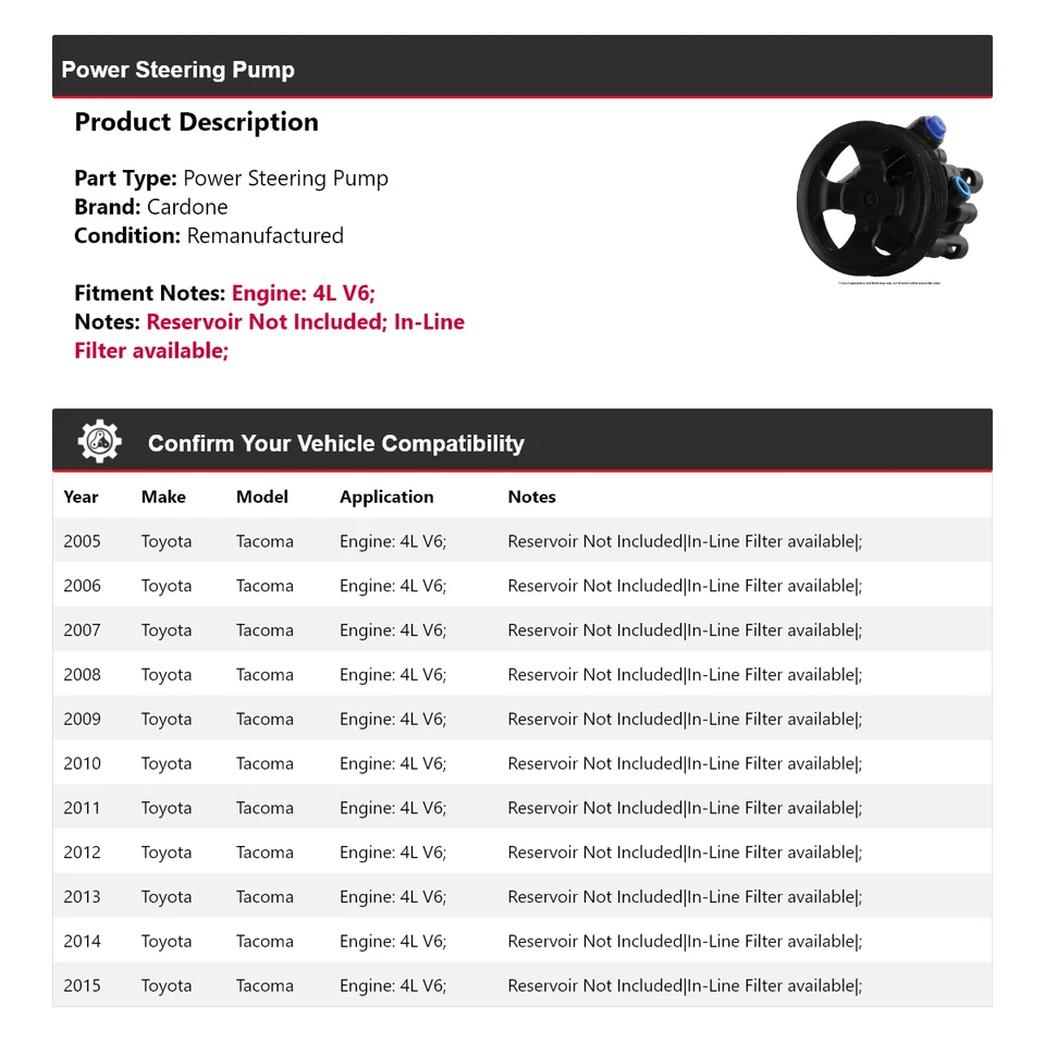 Bomba de dirección asistida Cardone para Toyota Tacoma 2005-2015 4L V6 2006 2007 2008 Foto 2 de 4