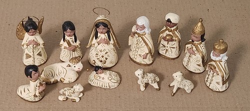 10 Piece Vintage Folk Art Handmade Nativity Clay Pottery Terra Cotta Jesus