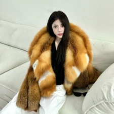 Women Real Red Fox Fur Short Coat Full Pelt Natural Fur Big Fluffy Lapel Outwear