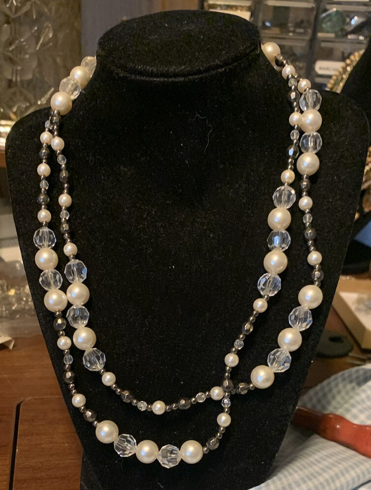 Long Beaded Crystal Pearl Strand Grouped 24” VTG Necklace Double