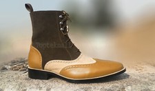 Handmade Men's Leather High Ankle Multi Color Wing Tip Brogues Party Boots-581