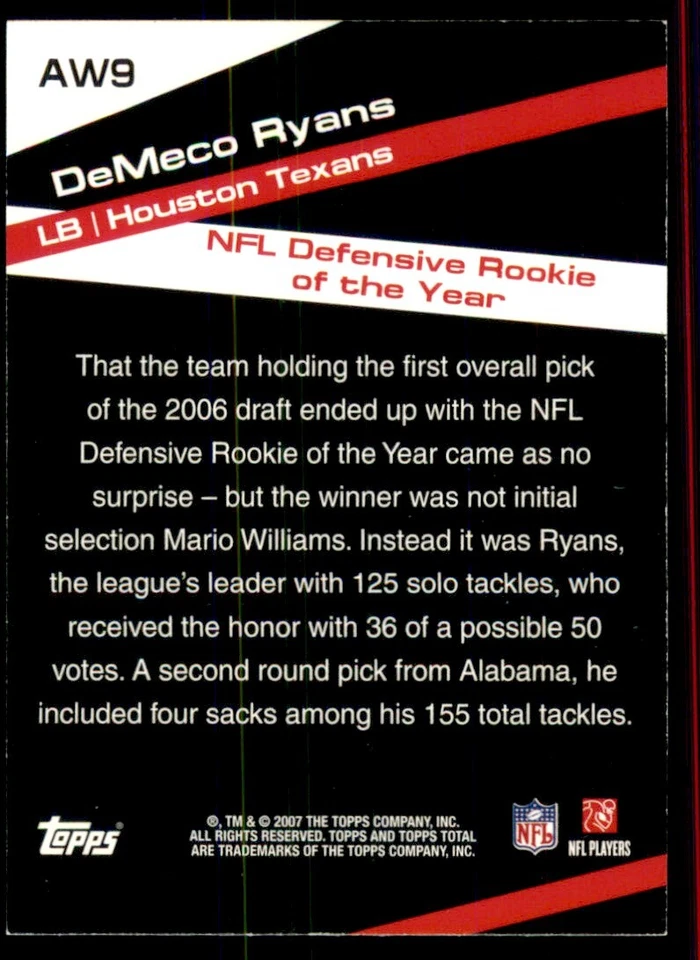 2007 Topps Total Award Winners #AW9 DeMeco Ryans Houston Texans - Image 2 of 2