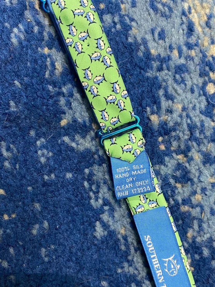 Pajarita de seda Southern Tide azul verde azul marino blanco pescado ajustable hecha a mano Italia Foto 4 de 4