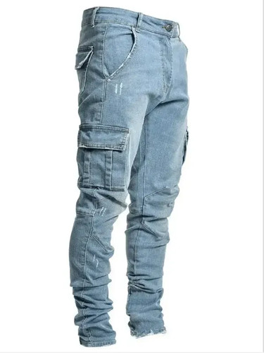 Jeans uomo nuovo pantalone lavaggio tinta unita multitasche denim vita media cargo. - Foto 22 di 24