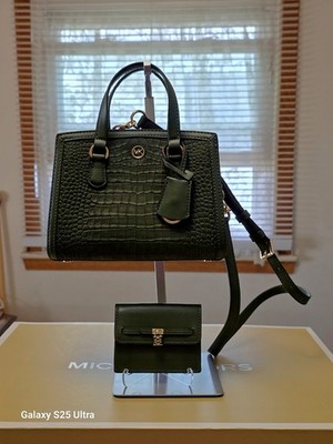 Michael Kors Chantal Extra-Small Croc Embossed Bag In Amazon Green + Wallet