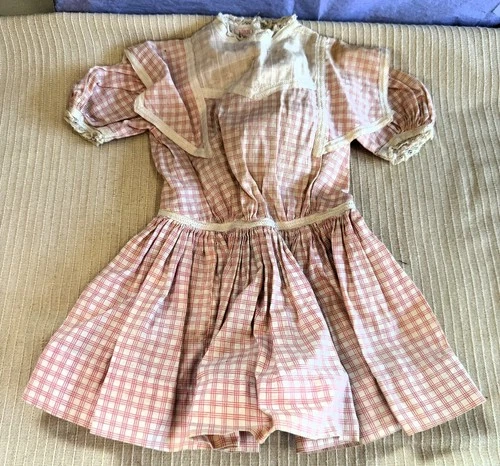 Antique Doll Clothing Pink & White Cloth Dress as Found