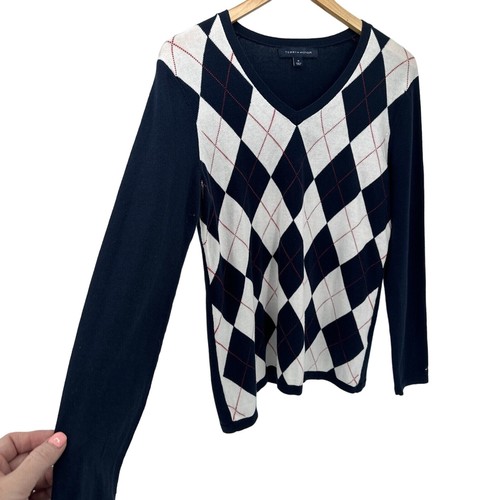 Tommy Hilfiger Pullover Damen Medium Argyle V-Ausschnitt blau rot weiß Pulli - Bild 3 von 8