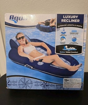 Aqua Luxury Water Pool Float Lounge Large Luxury Cup Holder Recliner Blue XL 60''