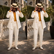 White Men's Suits Peak Lapel Double Breasted Wedding Groom Tuxedo Casual Fit