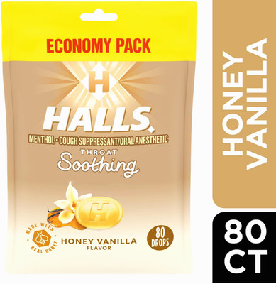 HALLS Throat Soothing Honey Vanilla Cough Drops, Economy Pack, 80 Drops