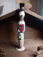 Wooden tall Snow Man gift mistletoe Bell Christmas Decor Excellent Condition 