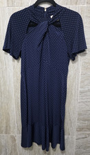 Michael Kors Blue Polka Dot Midi Sundress Tie Neck Bow Zip Short Sleeve S