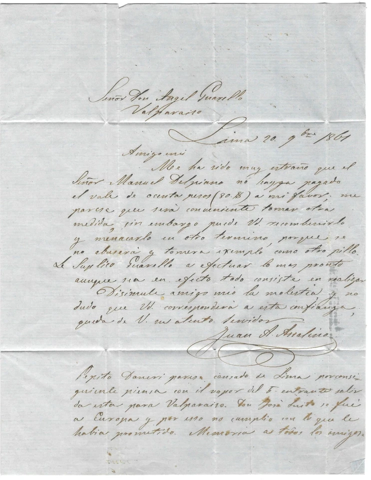 Peru 1861 Cover Lima-Valparaiso Chile Un Dinero Scott #9c Broken Zigzag Lines! - Image 4 of 4