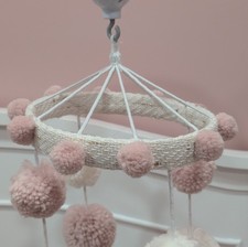 DOHAR Musical Pom Pom Nursery Mobile Pink White for Crib with Arm and Music Box