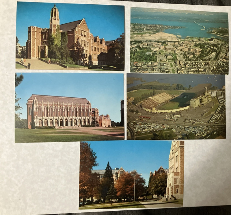 5 University of Washington Campus postcards - Stadium, Aerial, Music, Halls, +++