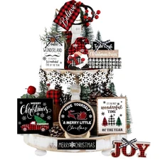 15 Pcs Christmas Tiered Tray Decor - Red & Black Buffalo Plaid, Snowflake, Tr...