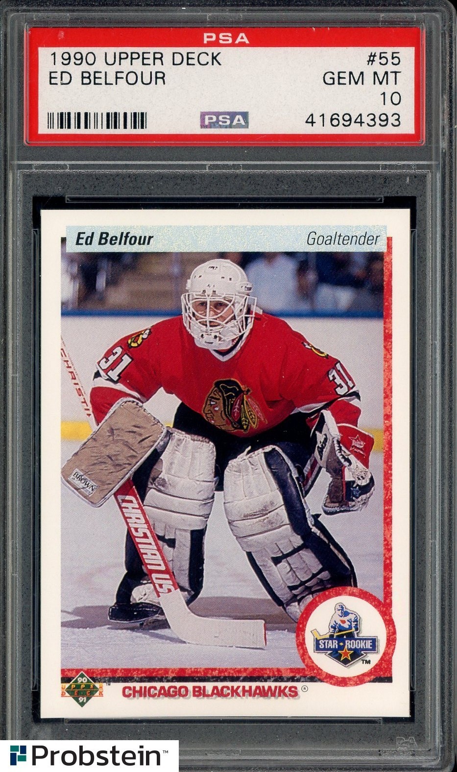 1990 UPPER DECK ED BELFOUR #55 BLACKHAWKS RC ROOKIE PSA 10 GEM MINT