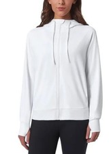 Mondetta Womens Hoodie White Full-Zip Pockets Thumbholes, White - Size L