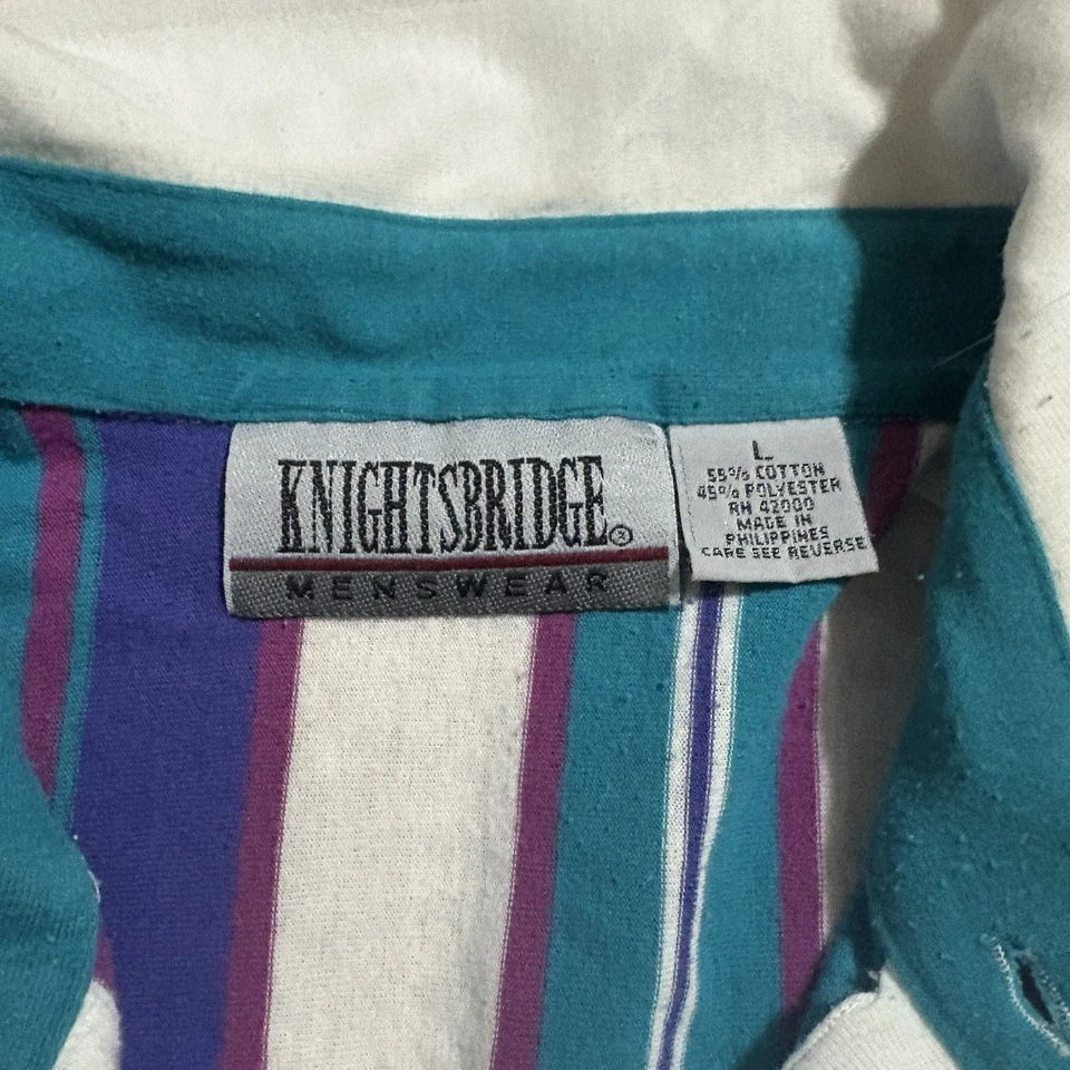 Vintage 90s Knightsbridge Striped White Purple Blue Polo Shirt Men’s Large Foto 2 de 4
