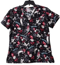 Scrubs Dr Seuss Womens X Small Cat in the Hat Pockets Scrub Top Black design