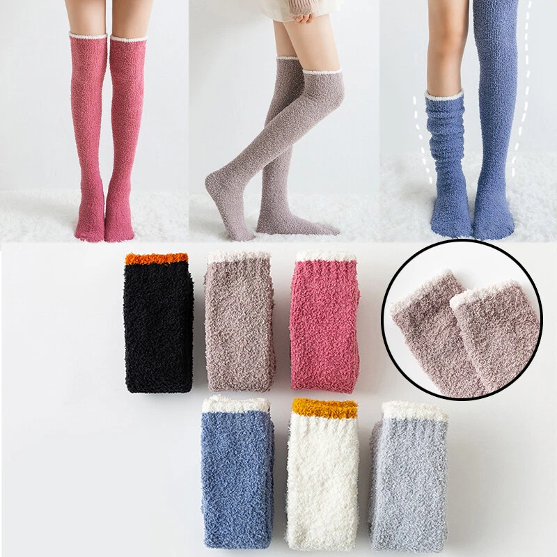 Women's Solid Fuzzy Socks Winter Warm Over Knee High Socks Girls Cheer Sock Soft - Image 2 of 4
