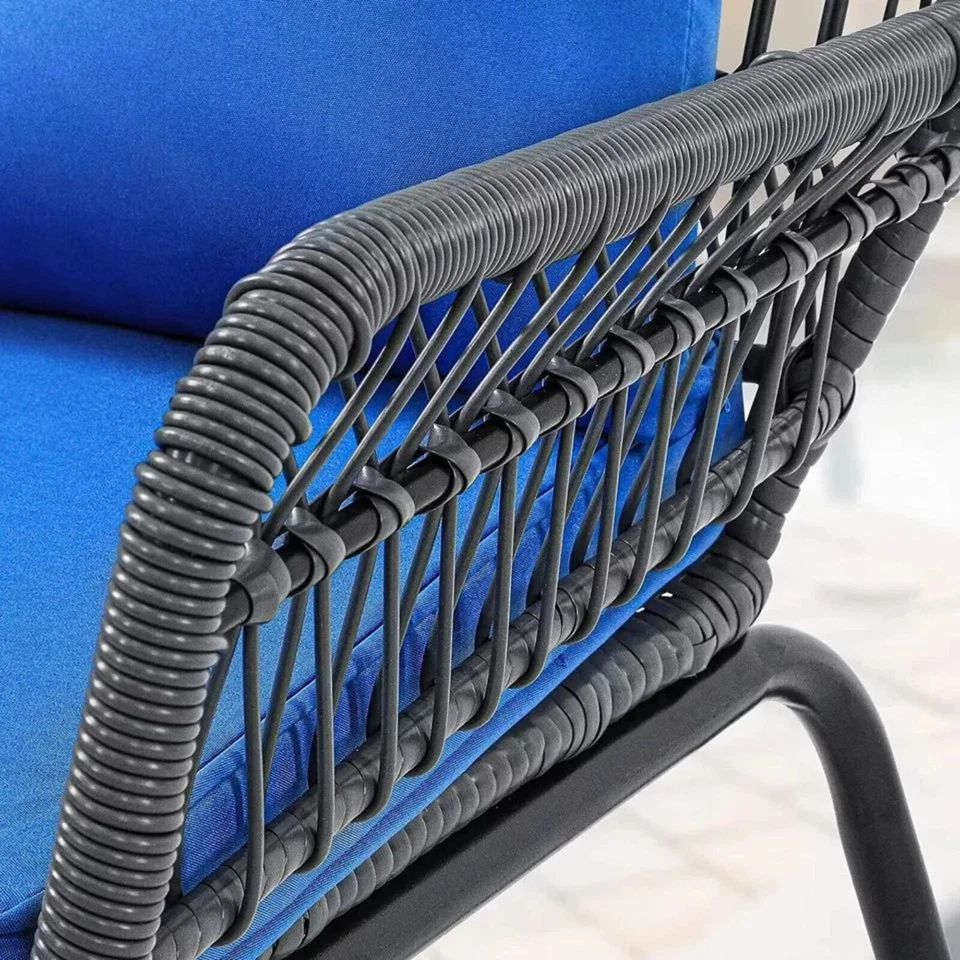 Patio Chair & Table Set Wicker Rattan 3Pcs Outdoor Furniture Bistro Set, Blue - Image 4 of 4