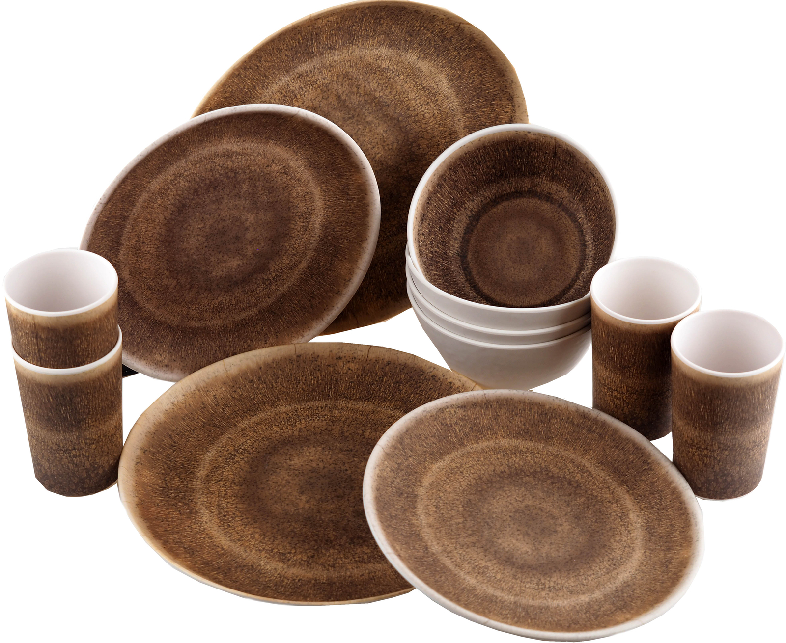 Reusable Quality Melamine Plastic Dinner Set Plates Bowls Cups 16 Piece - Brown
