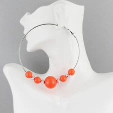 Orange silver hoop earrings 3" big beaded hoops thin wire lightweight 7.5cm 