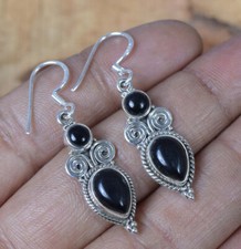 Natural Black Onyx 925 Sterling Silver Handmade Women Dangle Dorp Earrings P 095