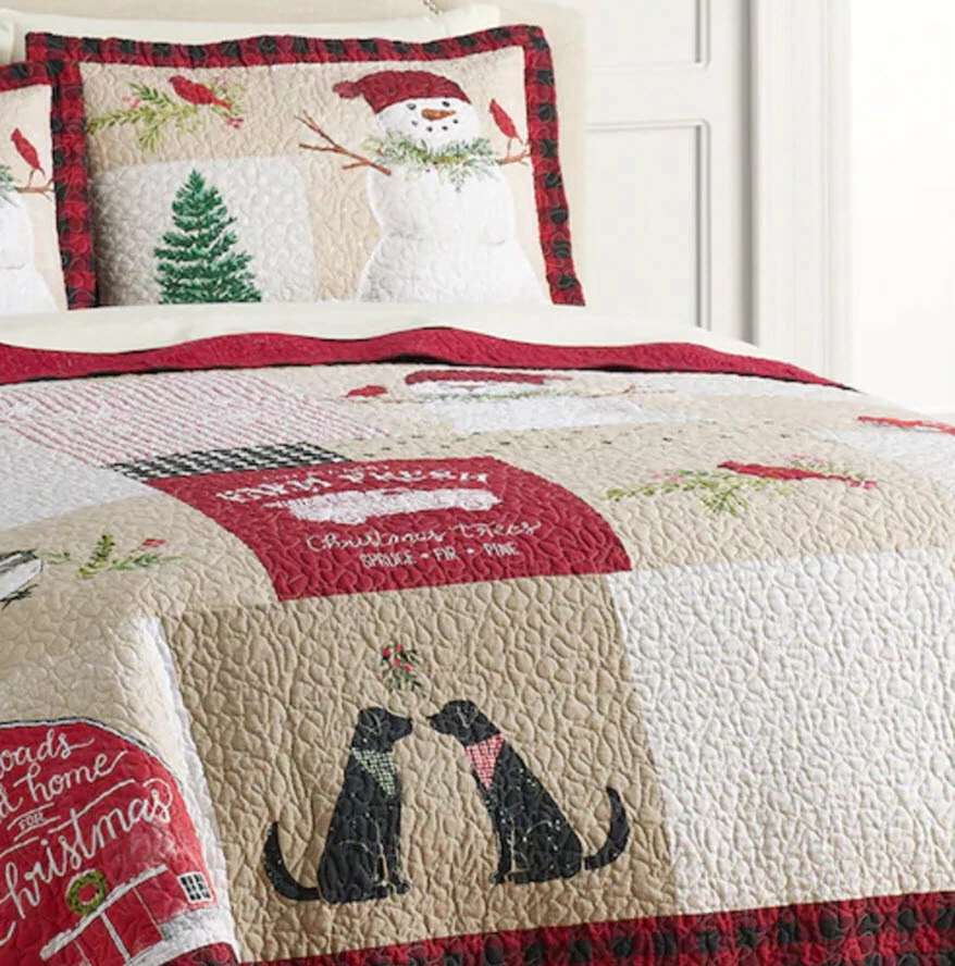 3 Pieces -Nicholas SNOWMAN Patchwork Reversible QUILT + SHAMS - Birds Dogs Trees - Image 4 of 4