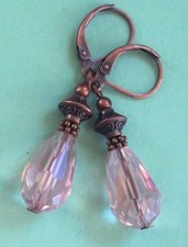 PALE ROSE CRYSTAL teardrop earring COPPER LEVERBACK handcrafted XX