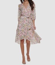 Tommy Hilfiger Women's Pink Floral Ruffled Surplice Self-Tie Dress Size 10