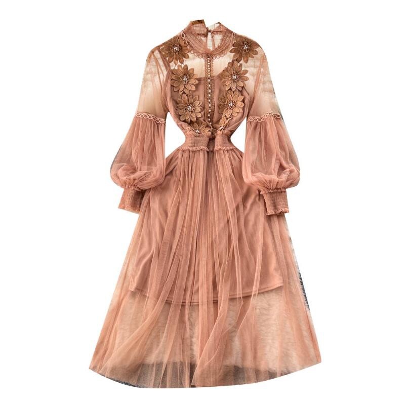 Lady Elegant Fairy Lace Sheer Midi Dress Ruffle Puff Sleeve