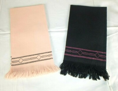 NOS Pr Vtg Embroidered Huck Cloth Kitchen Towels Black Peachy Pink W/ Fringe