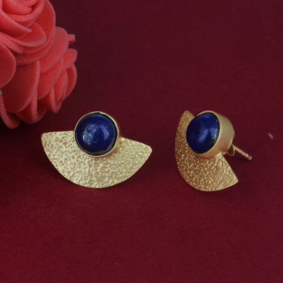 Aretes de piedras preciosas de lapislázuli con diseño de abanico de plata 925 enchapados en oro de 18k joyería Foto 2 de 3