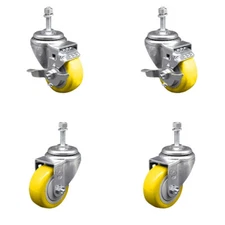 3 Inch Yellow Poly Wheel Swivel 3/8 Inch Threaded Stem Caster Set 2 Brakes