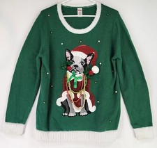 Holiday Time Ugly Sweater Womens Large Green Christmas Holiday French Bulldog