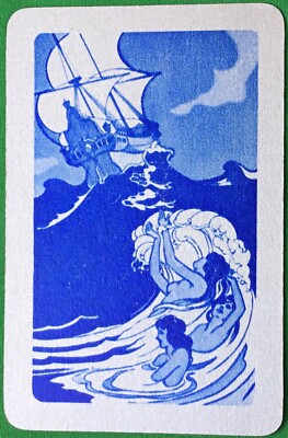 Spielkarten Einzelkarte alt Vintage MEERJUNGFRAU MÄDCHEN + SCHIFF Stormy SEA WAVE Art A
