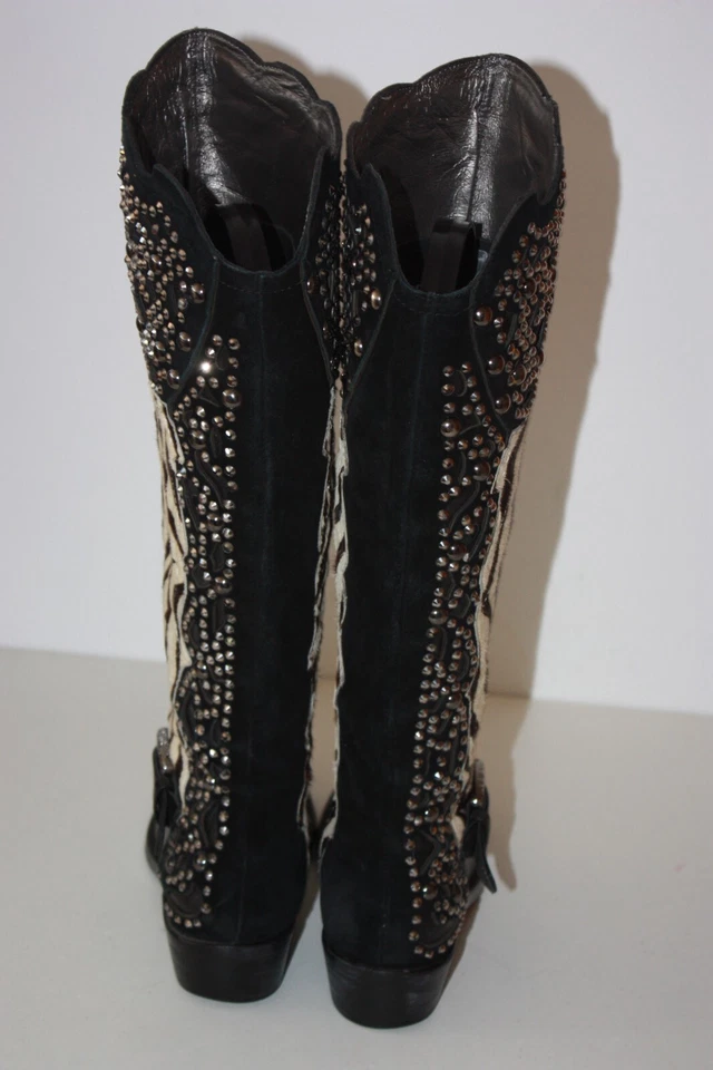 BEVERLY FELDMAN Bottes Cuir Fourrure Rase Zebrée Strass T 38 TBE - Photo 4/4