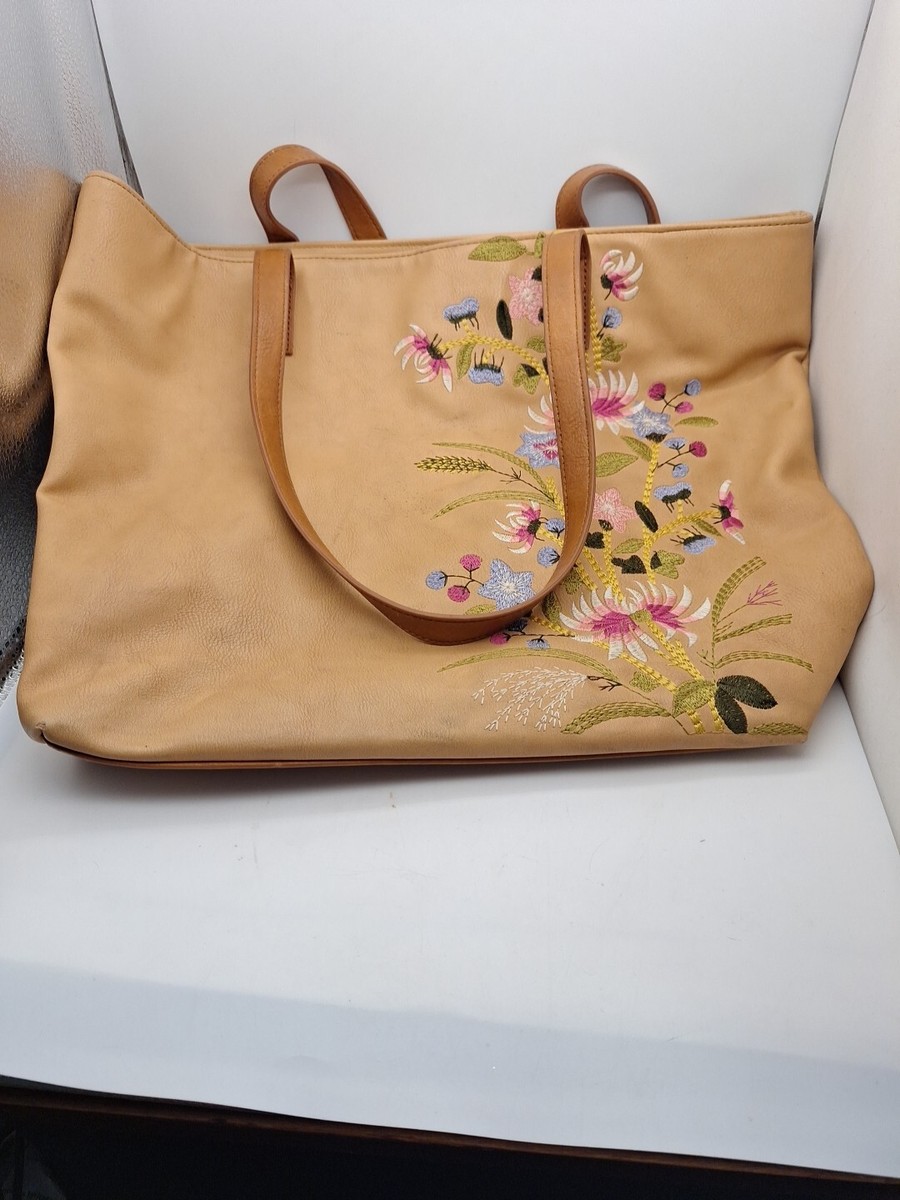 Bueno Large Faux Leather Tote Bag Embroidered Floral Design