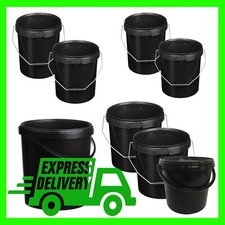 Black Plastic 10L & 25L Hard Wearing Buckets With Plastic Or Metal Handle & Lid