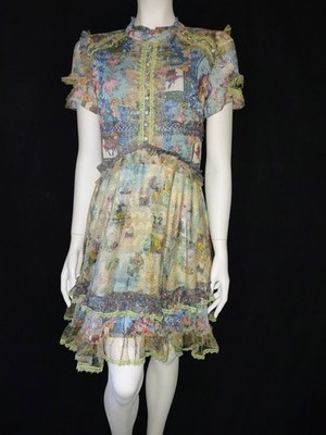 COMINO COUTURE LONDON Dress Size M Sheer Gold Dots Ruffles Lace Roses LOVE Birds