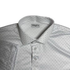 Collars and Co Mens Semi Spread Collar Polo Shirt Size L White Navy Polka Dot