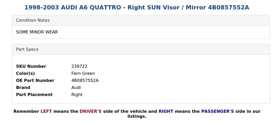 1998-2003 AUDI A6 QUATTRO - Right SUN Visor / Mirror 4B0857552A - Image 4 of 4