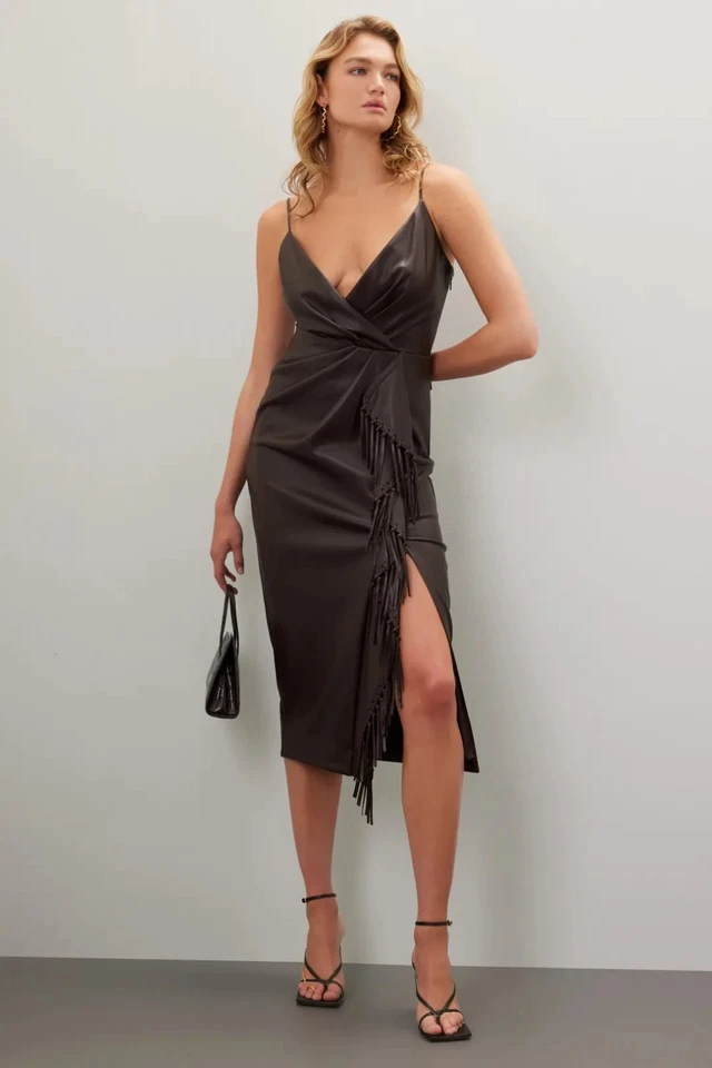 Vestido Simkhai Carkee Flecos Imitación Cuero Marrón Talla 8 (Venta al por menor $745) *DEFECTO* LEER Foto 4 de 4