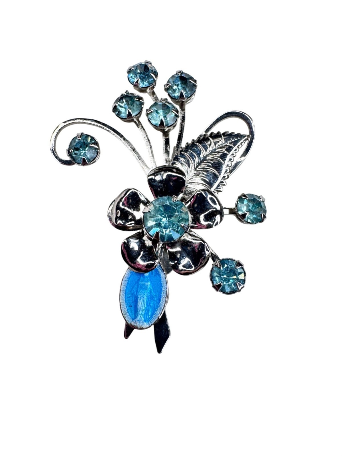 Unsigned Floral Brooch Blue Crystals Enamel Religious Medal 1950s Vintage