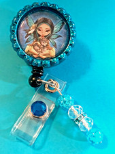 Id badge holder retractable alligator clip Fairy Blue