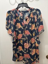 Chaps Womens Flutter Short Sleeve Blouse Floral Flowy Loose Boho Airy Top MEDIUM