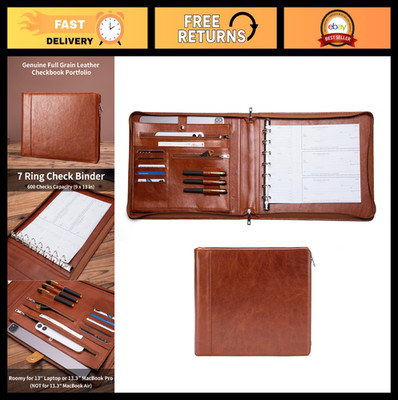 Genuine Leather 7 Ring Check Binder, 600 Checks Holder, Zip Desk Folder, Brown